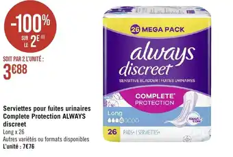 Géant Casino Serviettes pour fuites urinaires Complete Protection ALWAYS discreet Long x 26 offre