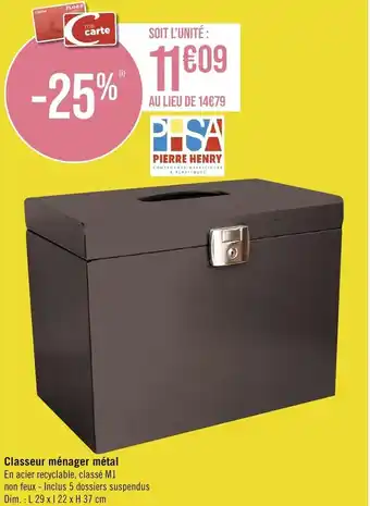 Géant Casino Classeur ménager métal En acier recyclable, classé M1 non feux - Inclus 5 dossiers suspendus Dim.: L 29 x 122 x H 37 cm offre