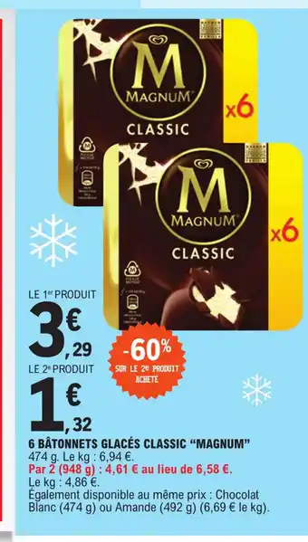 E.Leclerc 6 BÂTONNETS GLACÉS CLASSIC "MAGNUM" 474 g. Le kg: 6,94 €. offre