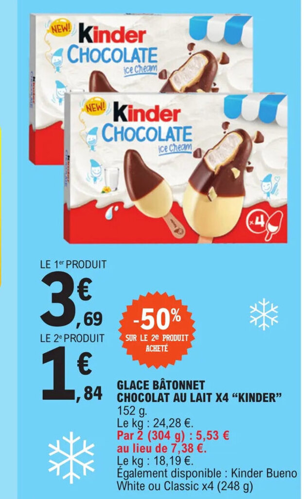 Promo GLACE CHOCOLAT AU LAIT X4 "KINDER" 152 g. chez E.Leclerc