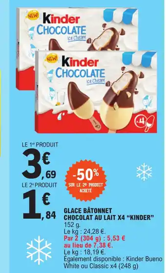 E.Leclerc GLACE BÂTONNET CHOCOLAT AU LAIT X4 "KINDER" 152 g. offre