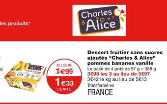 Monoprix Charles & alice dessert fruitier sans sucres ajoutés pommes bananes vanille offre