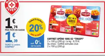 E.Leclerc COFFRET APÉRO 100G X2 "TOKAPI" 2 x 100 g (200 g). Le kg : 8,70 €. offre