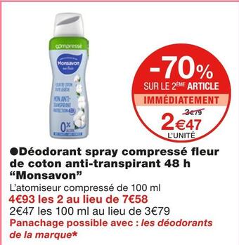 Monoprix Monsavon déodorant spray compressé fleur de coton anti-transpirant 48 h offre