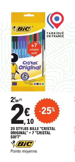 E.Leclerc 20 STYLOS BILLE "CRISTAL ORIGINAL" + 7 "CRISTAL SOFT" offre