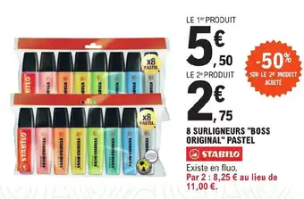 E.Leclerc 8 SURLIGNEURS "BOSS ORIGINAL" PASTEL 2 STABILO offre