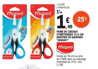 E.Leclerc PAIRE DE CISEAUX SYMÉTRIQUES 13,5 CM DROITIER OU GAUCHER "SENSOFT" offre