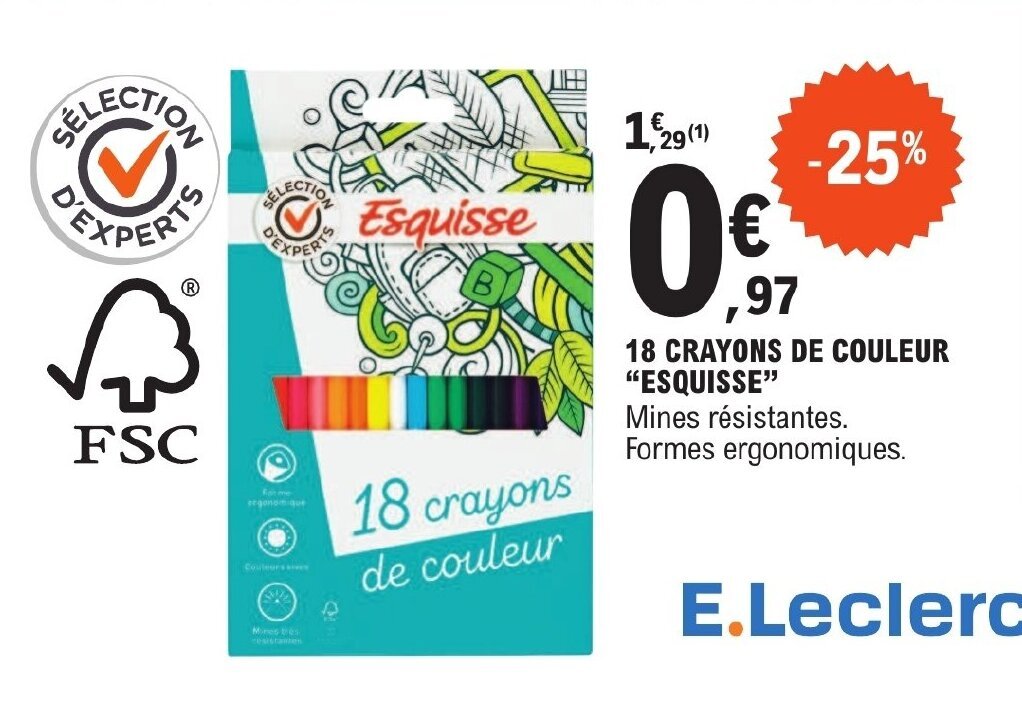 Promo 18 CRAYONS DE COULEUR "ESQUISSE" chez E.Leclerc