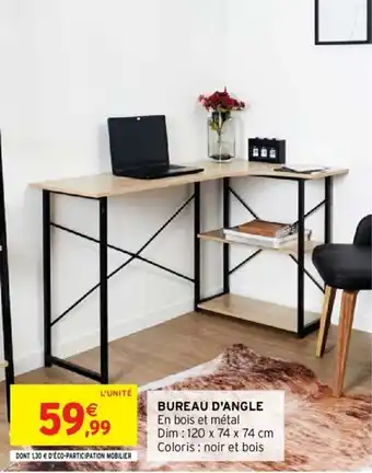 Intermarché BUREAU D'ANGLE En bois et métal Dim : 120 x 74 x 74 cm Coloris : noir et bois offre