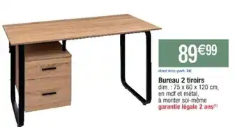 Cora x Carrefour Bureau 2 tiroirs dim.: 75 x 60 x 120 cm, en mdf et métal, offre