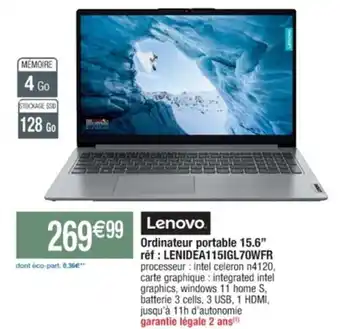 Cora x Carrefour Ordinateur portable 15.6" réf : LENIDEA115IGL70WFR offre