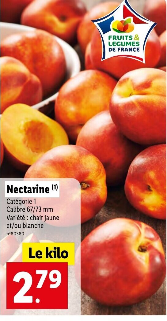 Promo Nectarine (1) Catégorie 1 Calibre 67/73 mm Variété chair jaune