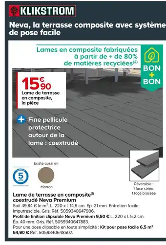Castorama Klikstrom lame de terrasse en composite, coextrudé neva premium offre
