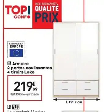Armoire 2 portes coulissantes 4 tiroirs Lake