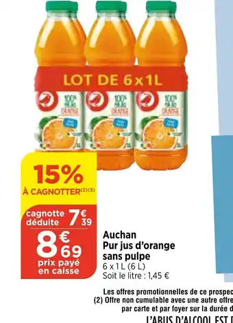 Maximarché Auchan Pur jus d'orange sans pulpe offre
