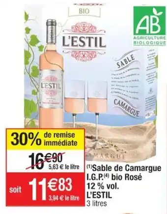 Cora x Carrefour (1)Sable de Camargue I.G.P.(4) bio Rosé 12 % vol. L'ESTIL offre