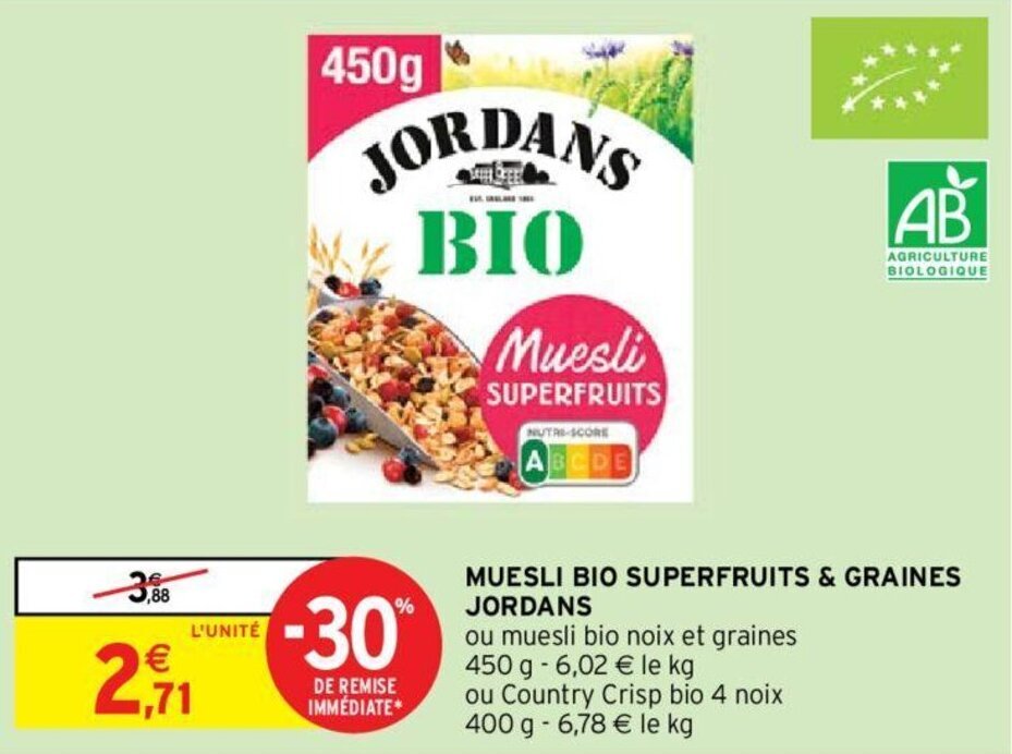 Promo MUESLI BIO SUPERFRUITS & GRAINES JORDANS chez Intermarché Hyper