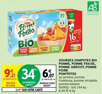 Intermarché Hyper GOURDES COMPOTES BIO POMME, POMME FRAISE, POMME ABRICOT, POMME POIRE POM'POTES offre