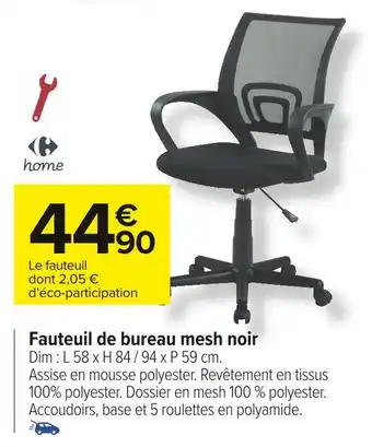 Carrefour home fauteuil de bureau mesh noir