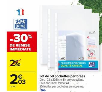 Carrefour Market Oxford lot de 50 pochettes perforées offre
