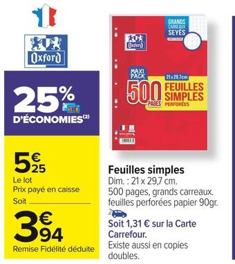Carrefour Market Oxford feuilles simples offre