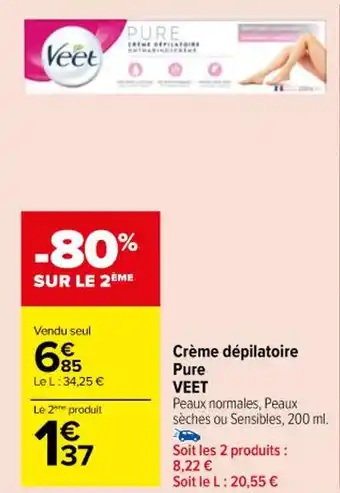 Carrefour Crème dépilatoire Pure VEET offre