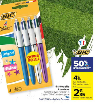 Carrefour 4 stylos-bille 4 couleurs offre