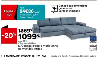 BUT 5. Canapé d'angle méridienne convertible Argos offre