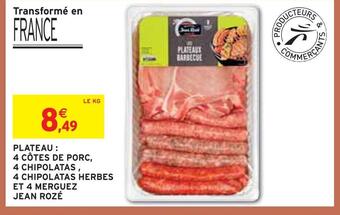Intermarché Jean rozé plateau : 4 côtes de porc, 4 chipolatas , 4 chipolatas herbes et 4 merguez offre