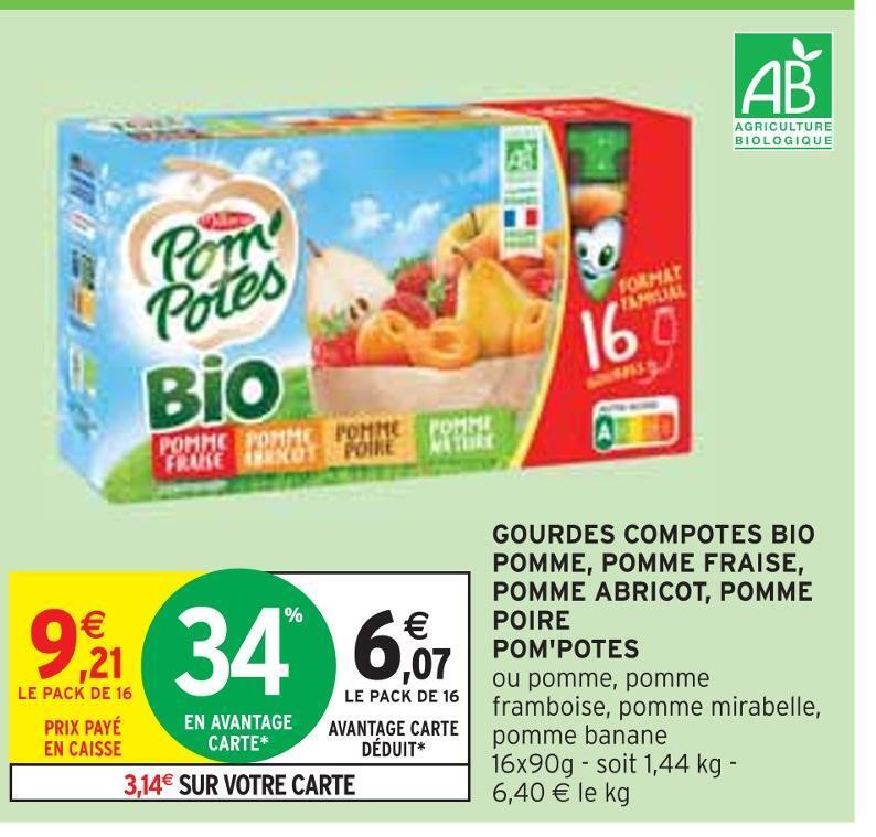 Promo Pom'potes gourdes compotes bio pomme, pomme fraise, pomme abricot