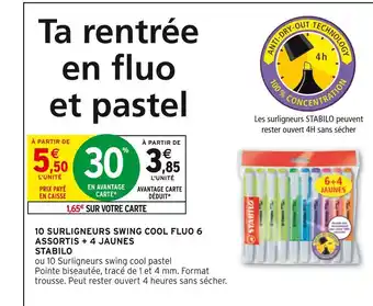 Intermarché Stabilo 10 surligneurs swing cool fluo 6 assortis + 4 jaunes offre
