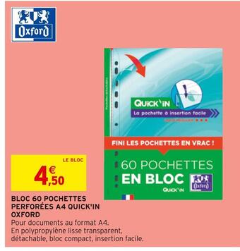 Intermarché Oxford bloc 60 pochettes perforées a4 quick'in offre