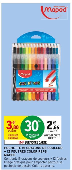 Intermarché Maped pochette 15 crayons de couleur + 12 feutres color peps offre