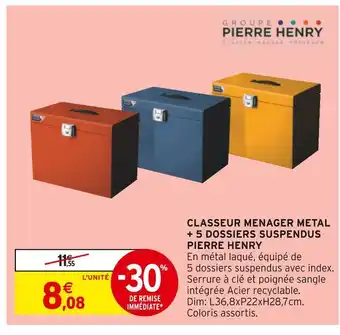 Intermarché Pierre henry classeur menager metal + 5 dossiers suspendus offre