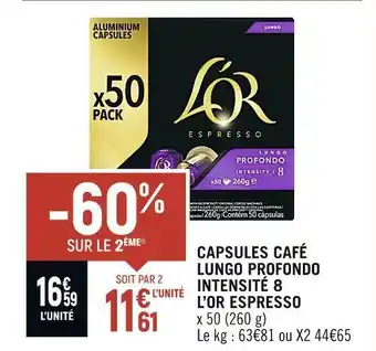 Spar L’or capsules café lungo profondo intensité 8 espresso offre