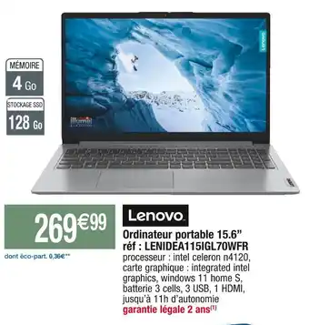 Cora x Carrefour Lenovo ordinateur portable 15.6” réf : lenidea115igl70wfr offre