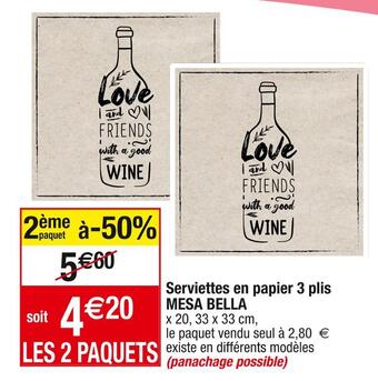 Cora x Carrefour Mesa bella serviettes en papier 3 plis offre