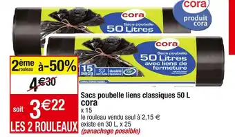 Cora x Carrefour Cora sacs poubelle liens classiques 50 l offre
