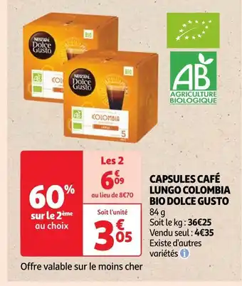 Auchan Dolce gusto capsules café lungo colombia bio offre