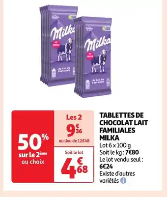 Auchan Milka tablettes de chocolat lait familiales offre