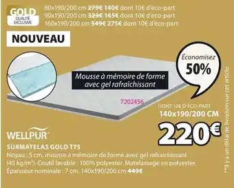 JYSK WELLPUR® SURMATELAS GOLD T75 offre