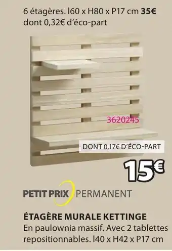 JYSK ÉTAGÈRE MURALE KETTINGE En paulownia massif. Avec 2 tablettes repositionnables. 140 x H42 x P17 cm offre