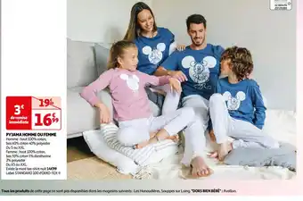 Auchan PYJAMA HOMME OU FEMME Homme: haut 100% coton, bas 60% coton 40% polyester Du S au XXL offre
