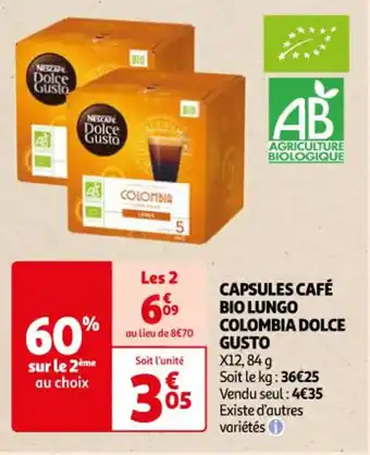 Auchan CAPSULES CAFÉ BIO LUNGO COLOMBIA DOLCE GUSTO offre