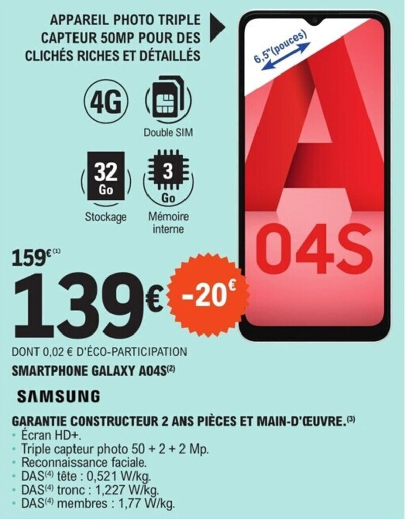 Promo SMARTPHONE GALAXY A04S(²) chez E.Leclerc Espace Culturel