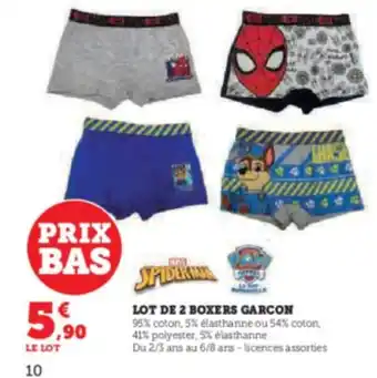 Super U LOT DE 2 BOXERS GARCON 95% coton, 5% elasthanne ou 54% coton, 41% polyester, 5% élasthanne offre