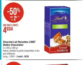 Casino Supermarchés Chocolat Lait Noisettes LINDT Maître Chocolatier offre