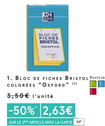 Monoprix Oxford bloc de fiches bristol colorées offre