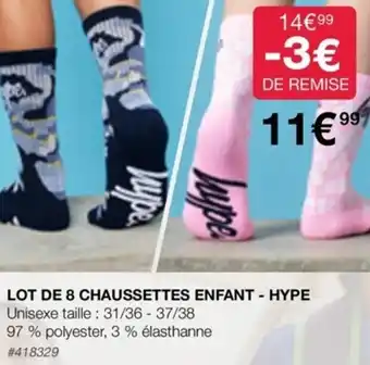 Costco LOT DE 8 CHAUSSETTES ENFANT - HYPE offre