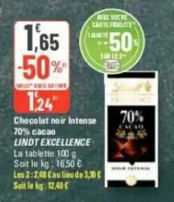 G20 Chocolat noir Intense 70% cacao LINDT EXCELLENCE La tablette 100 g offre